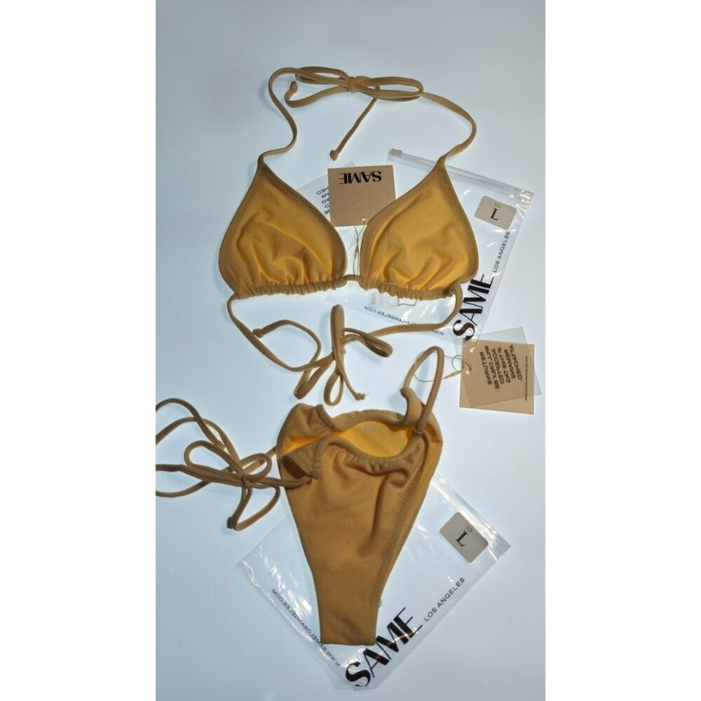 SAME Los Angeles Bikini Set Large Beige Faux Suede Triangle Tie Side NWT